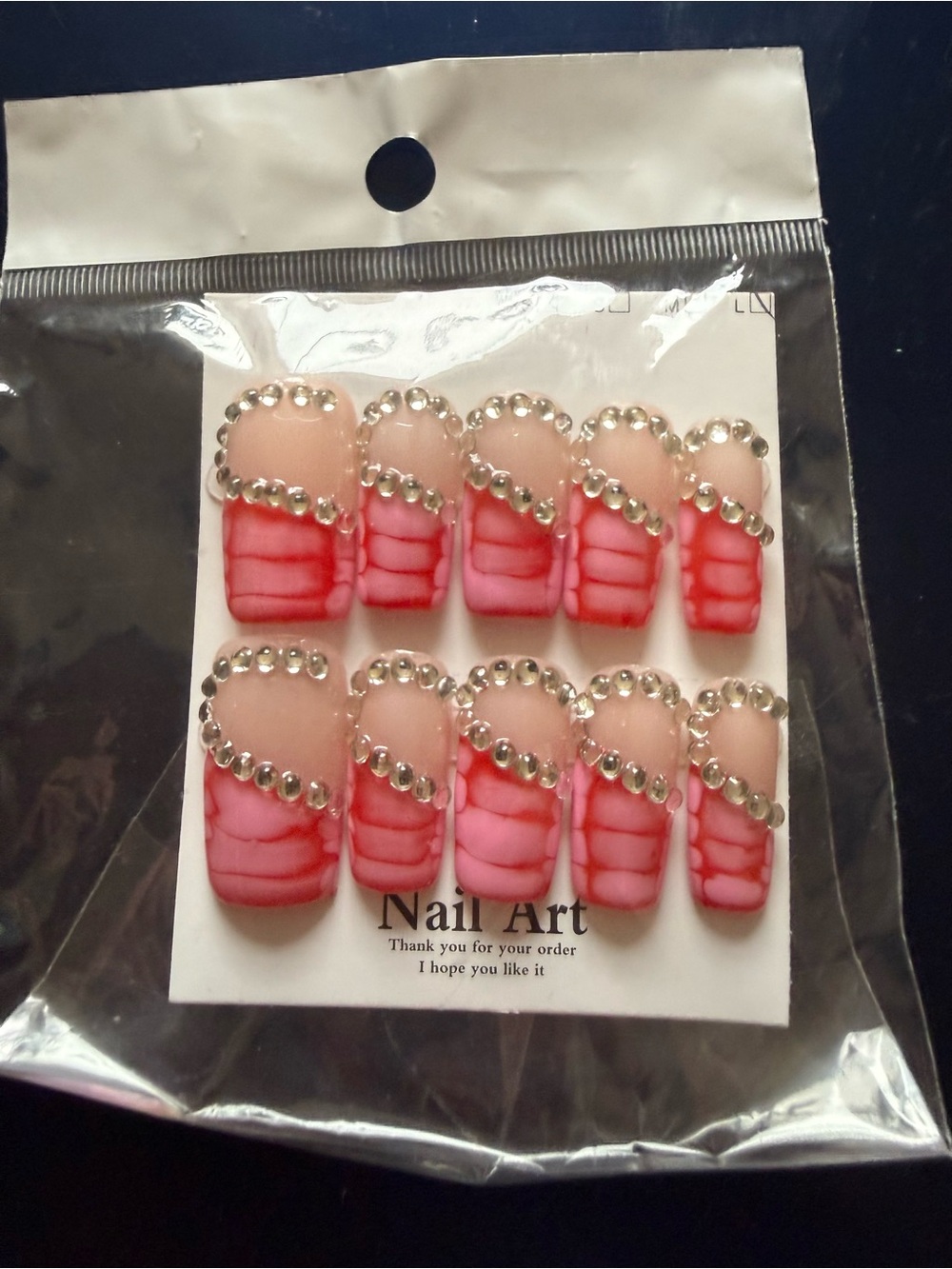 Handmade Acrylic Rhinestone Pink Ombre Press-On Nail Set -